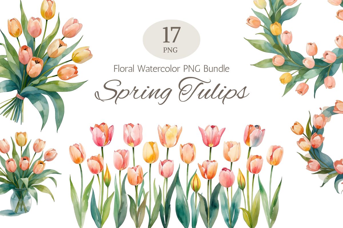 Watercolor Spring Tulips Clipart Bundle