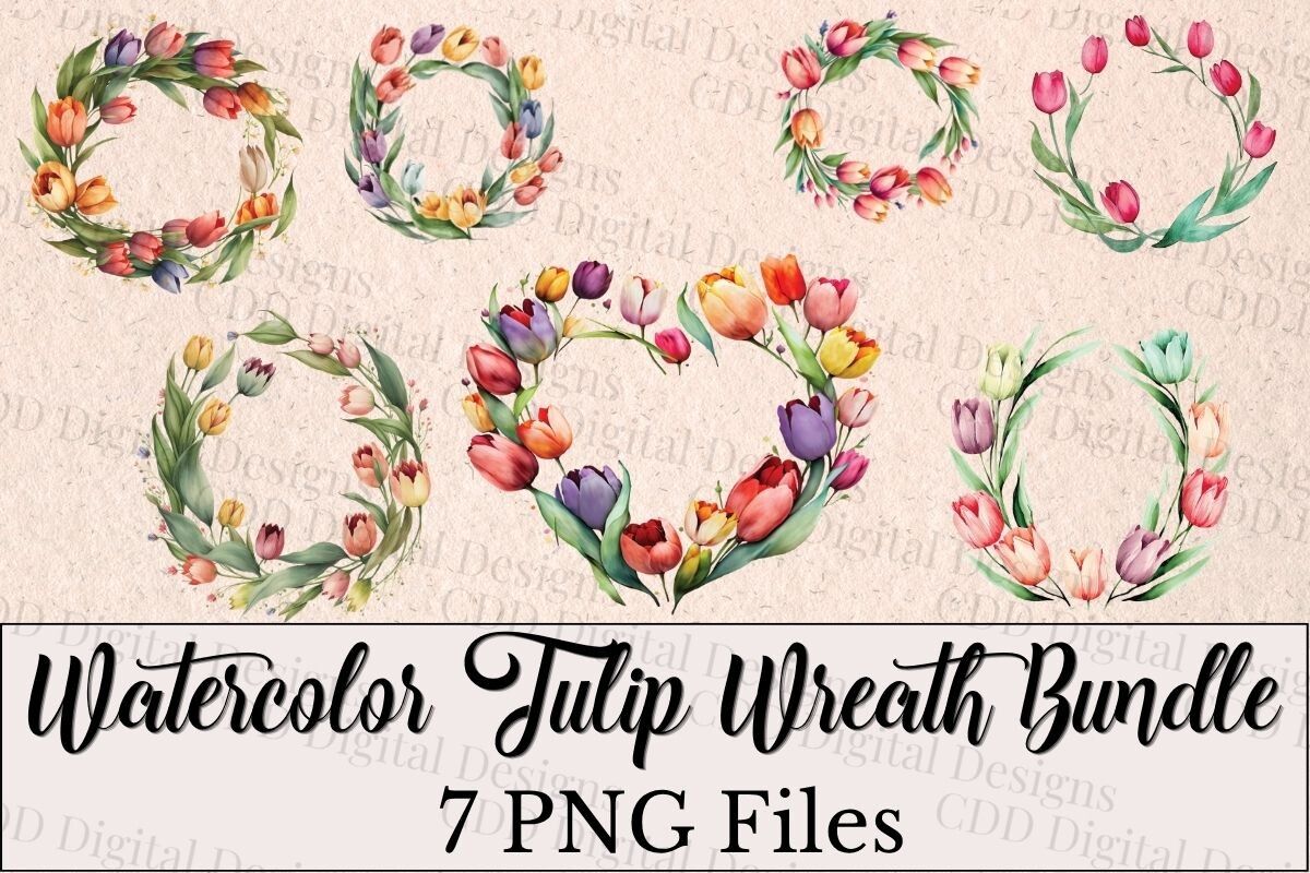 7 Tulip Watercolor Wreath PNG Bundle