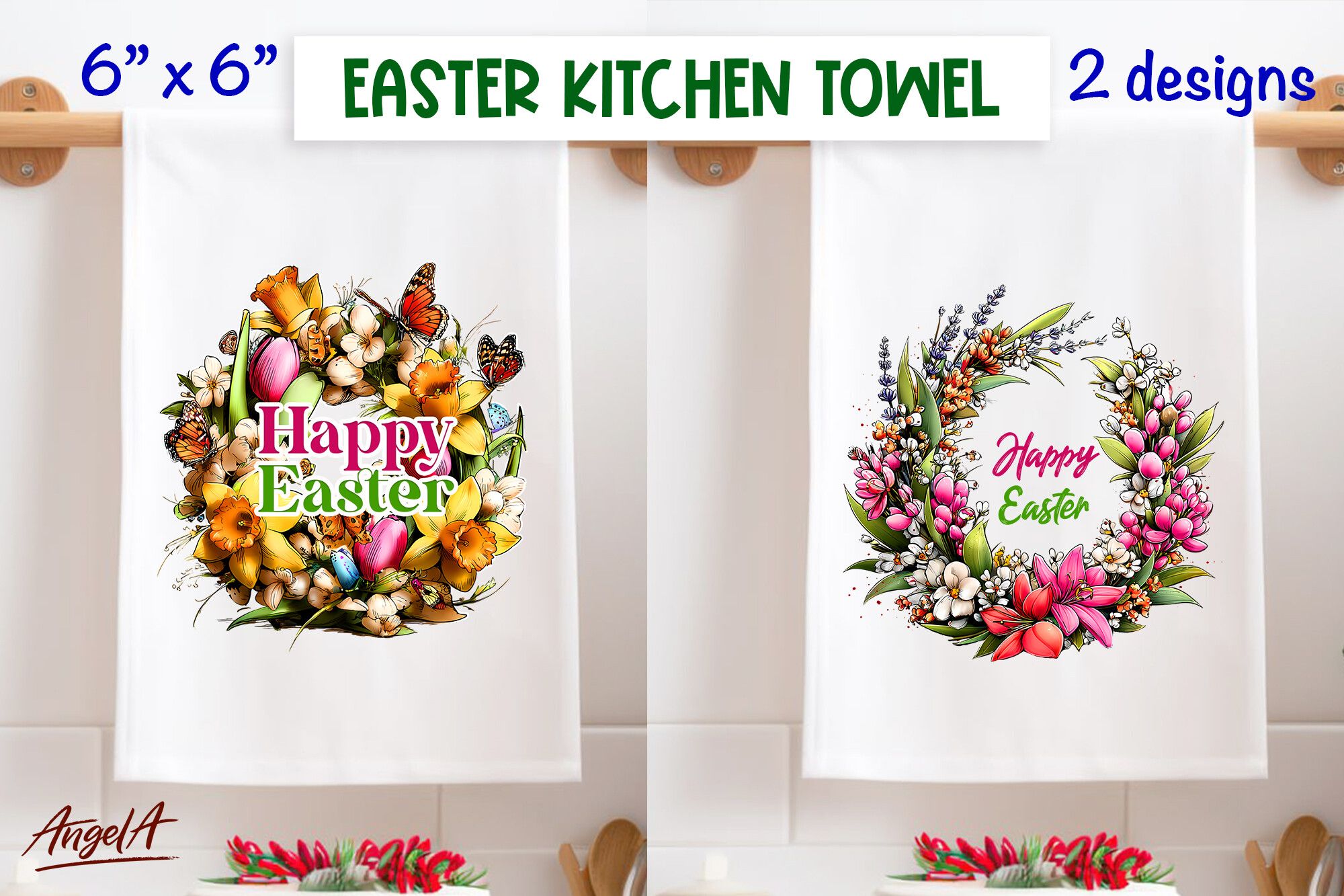 Easter Floral Wreath Kitchen Towel PNG