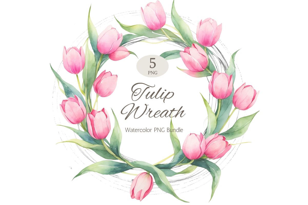 Watercolor Pink Tulip Wreath PNGs Bundle