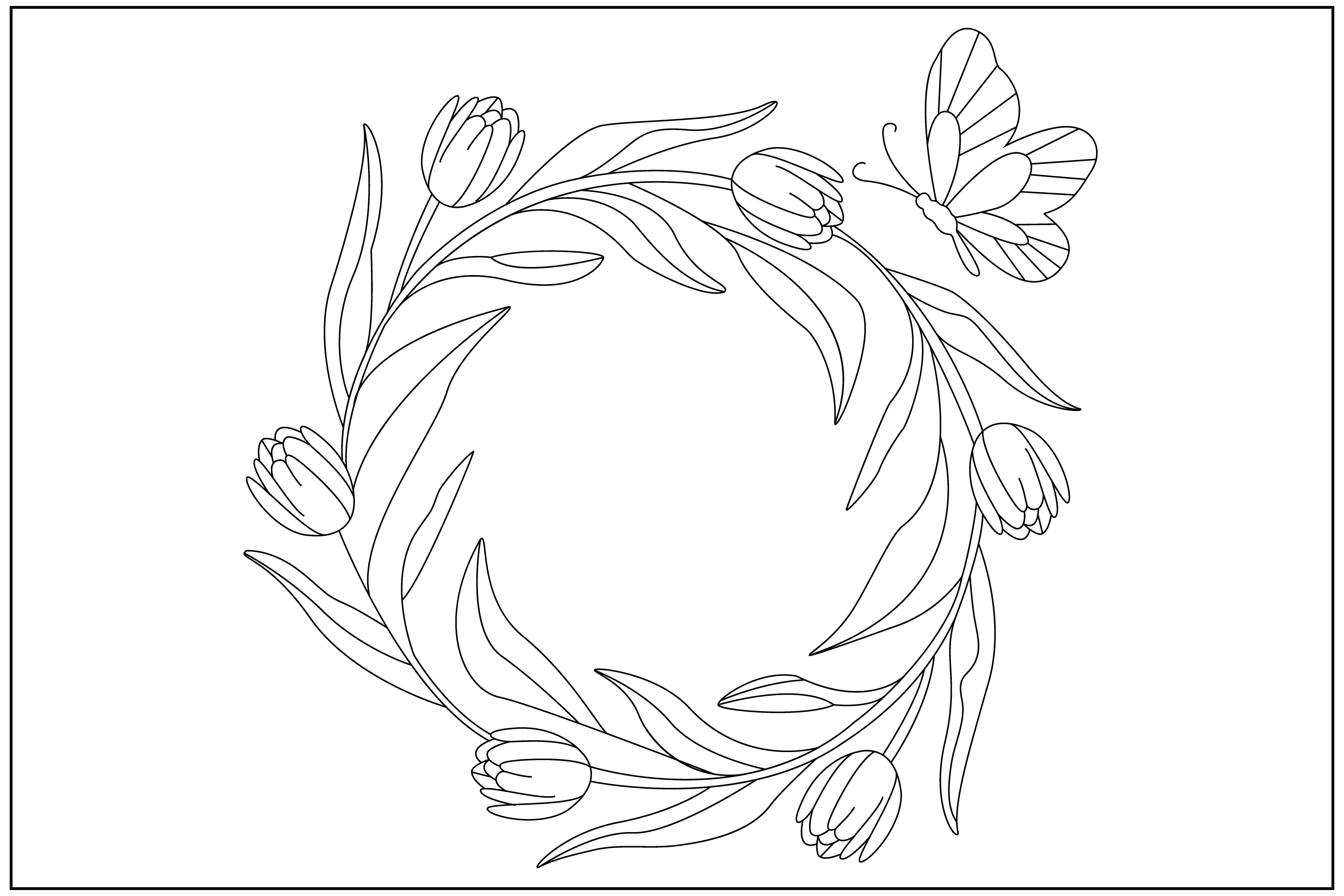 Tulip Wreath Butterfly Line Art